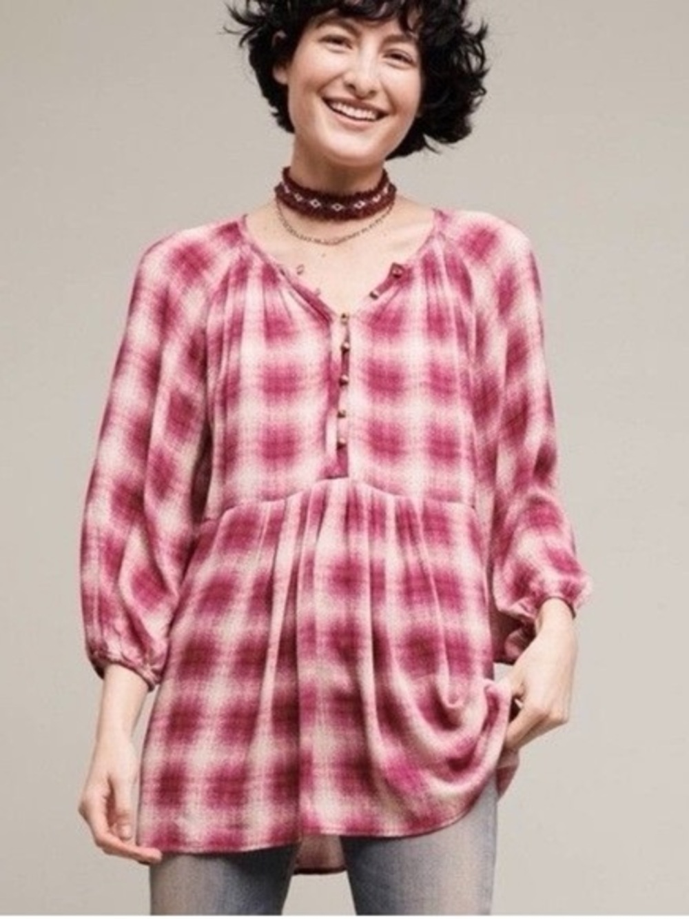 Anthropologie Maeve Cavalon Raspberry Plaid Button-Front Tunic